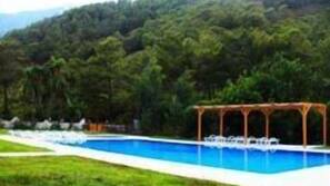 Outdoor pool, pool umbrellas, sun loungers