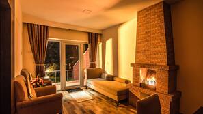 24-inch TV with satellite channels, fireplace