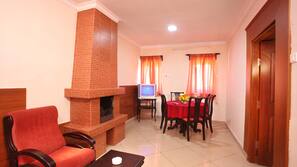 24-inch TV with satellite channels, fireplace