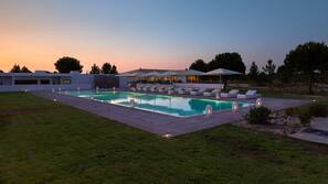 Outdoor pool, pool umbrellas, pool loungers