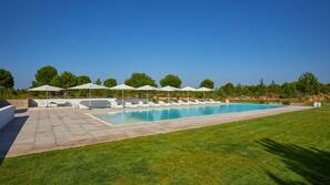 Outdoor pool, pool umbrellas, pool loungers