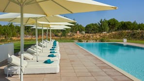 Outdoor pool, pool umbrellas, pool loungers