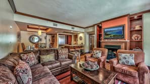 Flat-screen TV, fireplace