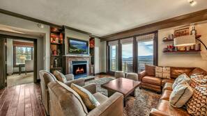 Flat-screen TV, fireplace