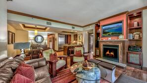 Flat-screen TV, fireplace