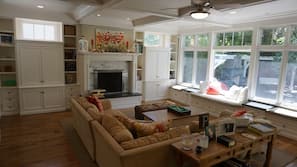 TV, fireplace, video-game console, foosball