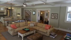 TV, fireplace, video-game console, foosball