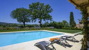 Seasonal outdoor pool, sun loungers