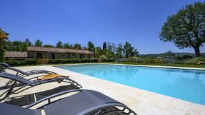 Seasonal outdoor pool, sun loungers
