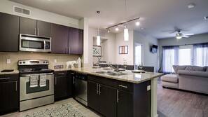 Fridge, microwave, oven, hob