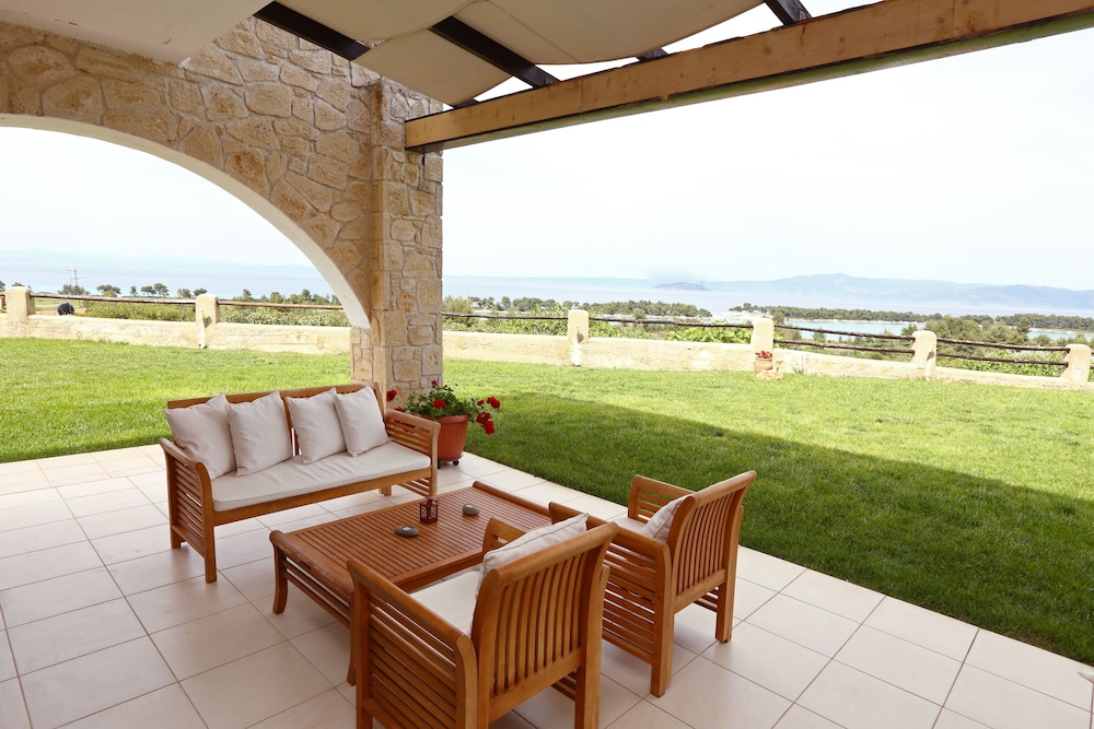 Pefkochori villa with a stunning panoramic view and a waterfall private