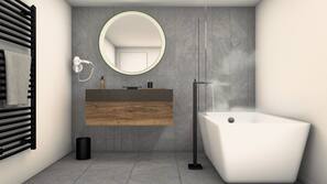Douche, douche à « effet pluie », articles de toilette gratuits