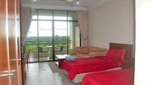 Blackout curtains, iron/ironing board, free WiFi, linens