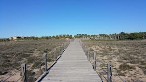 On the beach, sun-loungers, beach umbrellas, beach massages