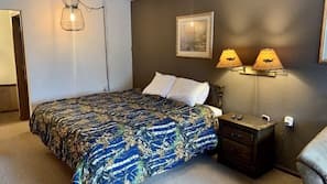 Down comforters, desk, laptop workspace, blackout drapes