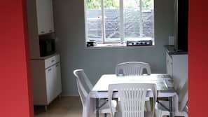 Fridge, microwave, electric kettle, toaster