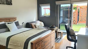 Desk, blackout curtains, soundproofing, iron/ironing board