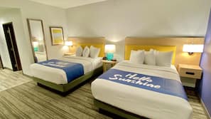 Premium bedding, pillowtop beds, desk, laptop workspace