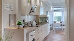 Fridge, oven, hob, coffee/tea maker