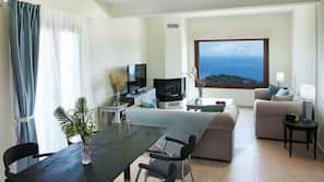 Flat-screen TV, fireplace, video-game console