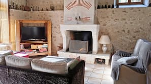 Télévision, cheminée, lecteur de DVD, table de tennis de table