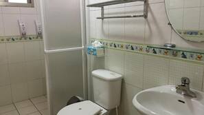 Shower, free toiletries, hair dryer, slippers