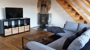 Fernseher, Kamin, DVD-Player, Bücher