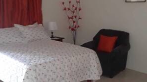 Blackout curtains, iron/ironing board, free WiFi, linens