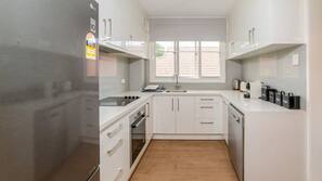 Fridge, microwave, oven, hob