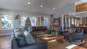 TV, fireplace, books, stereo