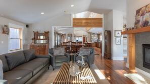 TV, fireplace, books, stereo