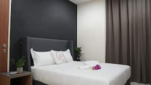 Desk, laptop workspace, blackout curtains, iron/ironing board