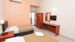 Individually furnished, desk, laptop workspace, blackout curtains