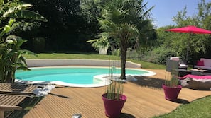 Seasonal outdoor pool, open 10:00 AM to 7:30 PM, pool umbrellas