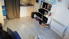 TV, DVD player, books, video library