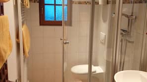 Hair dryer, towels, soap, toilet paper