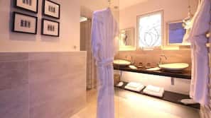Shower, rainfall showerhead, eco-friendly toiletries, hair dryer