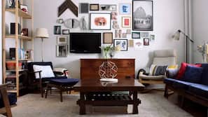 TV, books, video library, stereo