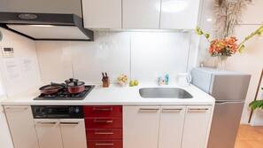 Fridge, microwave, hob, electric kettle