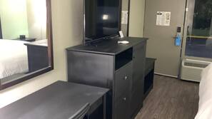 Desk, laptop workspace, blackout drapes, soundproofing