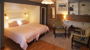 Premium bedding, pillowtop beds, desk, laptop workspace