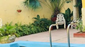 Outdoor pool, pool umbrellas, pool loungers