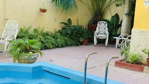 Outdoor pool, pool umbrellas, pool loungers