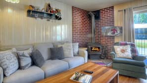 Flat-screen TV, fireplace