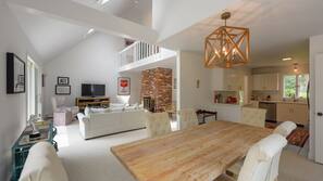 TV, fireplace, books