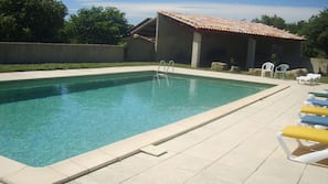 Seasonal outdoor pool, sun loungers