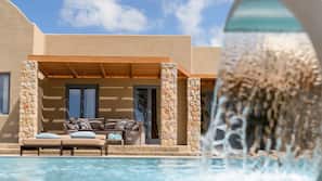 Outdoor pool, pool umbrellas, pool loungers