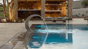 Outdoor pool, pool umbrellas, pool loungers