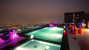 Outdoor pool, pool umbrellas, pool loungers