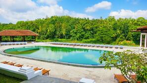 Outdoor pool, open 9:00 AM to 7:00 PM, pool umbrellas, sun loungers